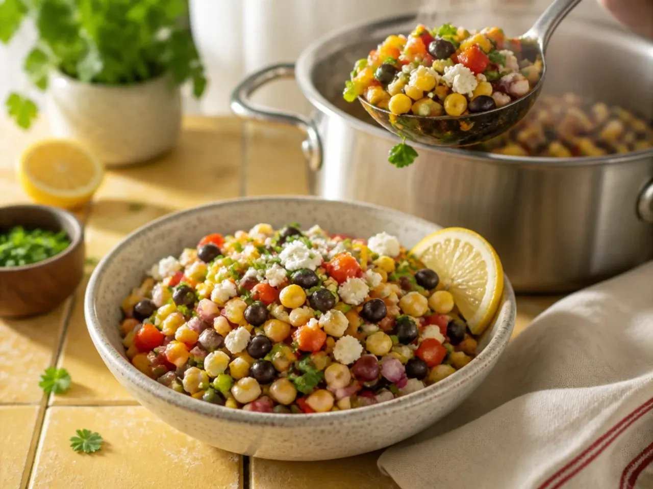 Loaded corn salsa platter with feta, avocado and pumpkin seeds on top.