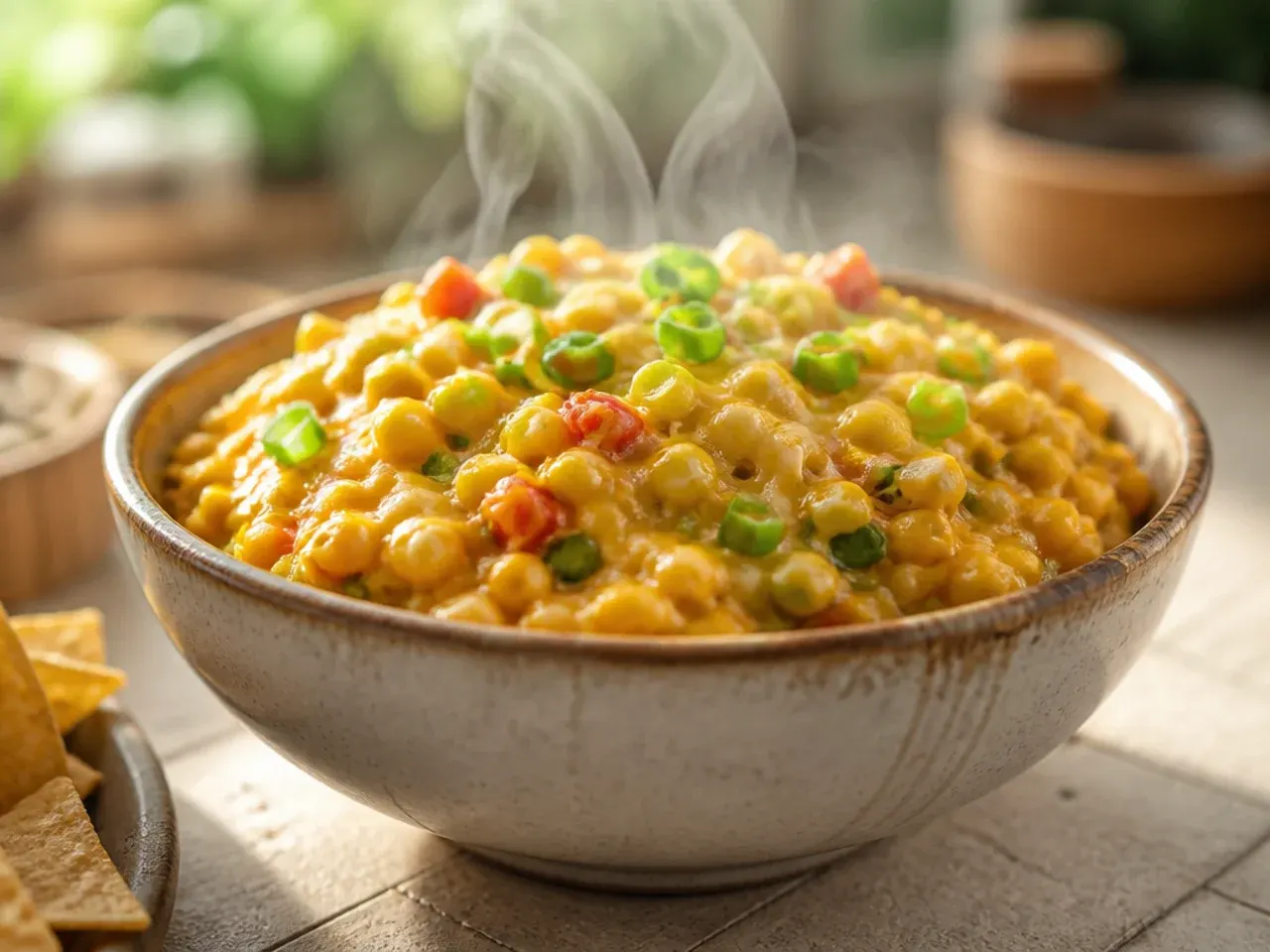 Mild family-friendly corn salsa in bowls with tortilla chips for kids.