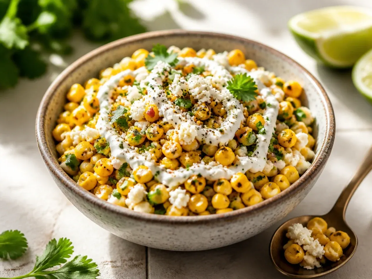 Esquites-style street corn salsa topped with cotija cheese and chilli powder.