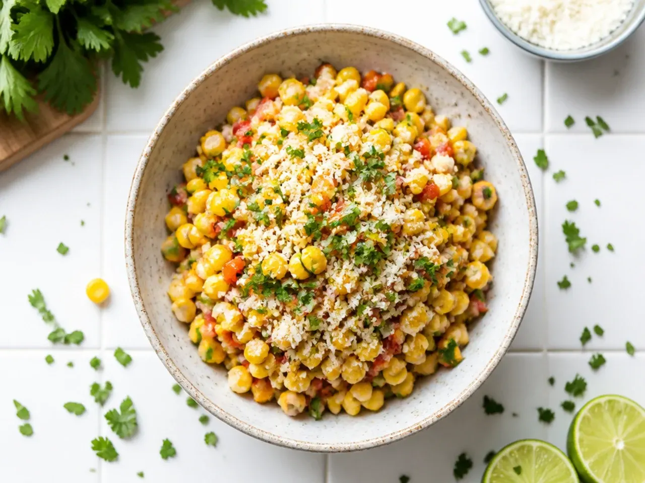 Blender jug with partially blended corn salsa mixture.