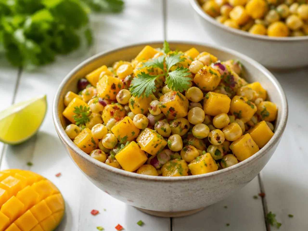 Mango and corn salsa in a bowl with diced mango pieces visible.