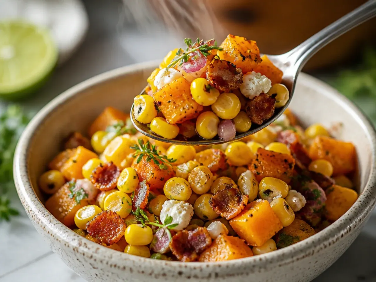 Roasted butternut squash and corn salsa in a warm serving bowl.
