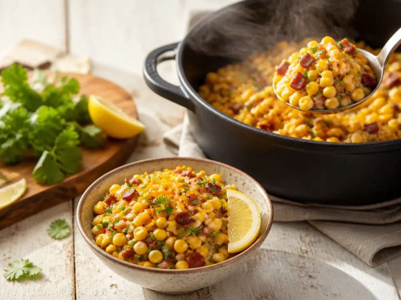 Corn salsa with crispy bacon bits and grated cheddar cheese in a bowl.