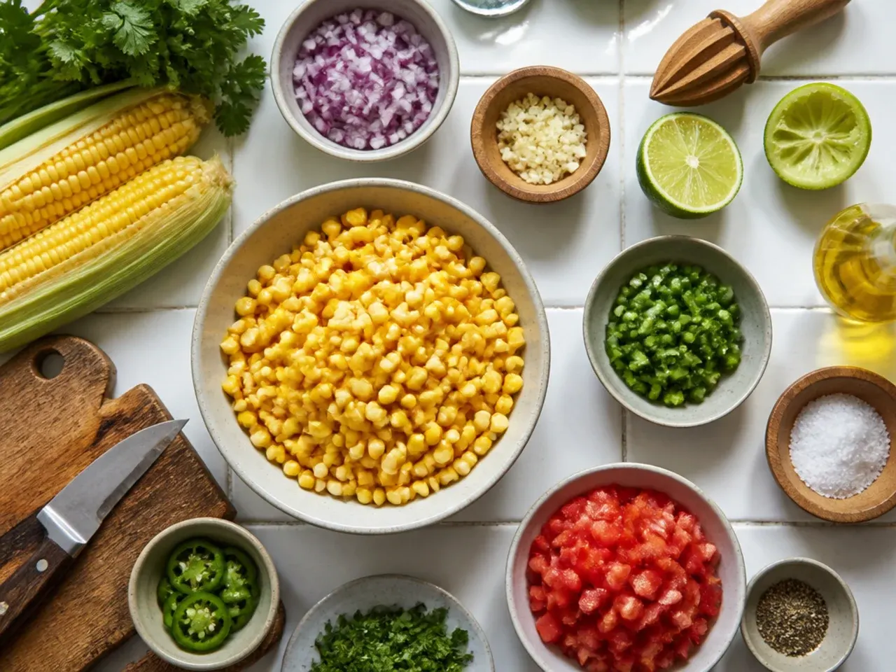 Close-up of a knife slicing corn kernels off the cob into a tin.