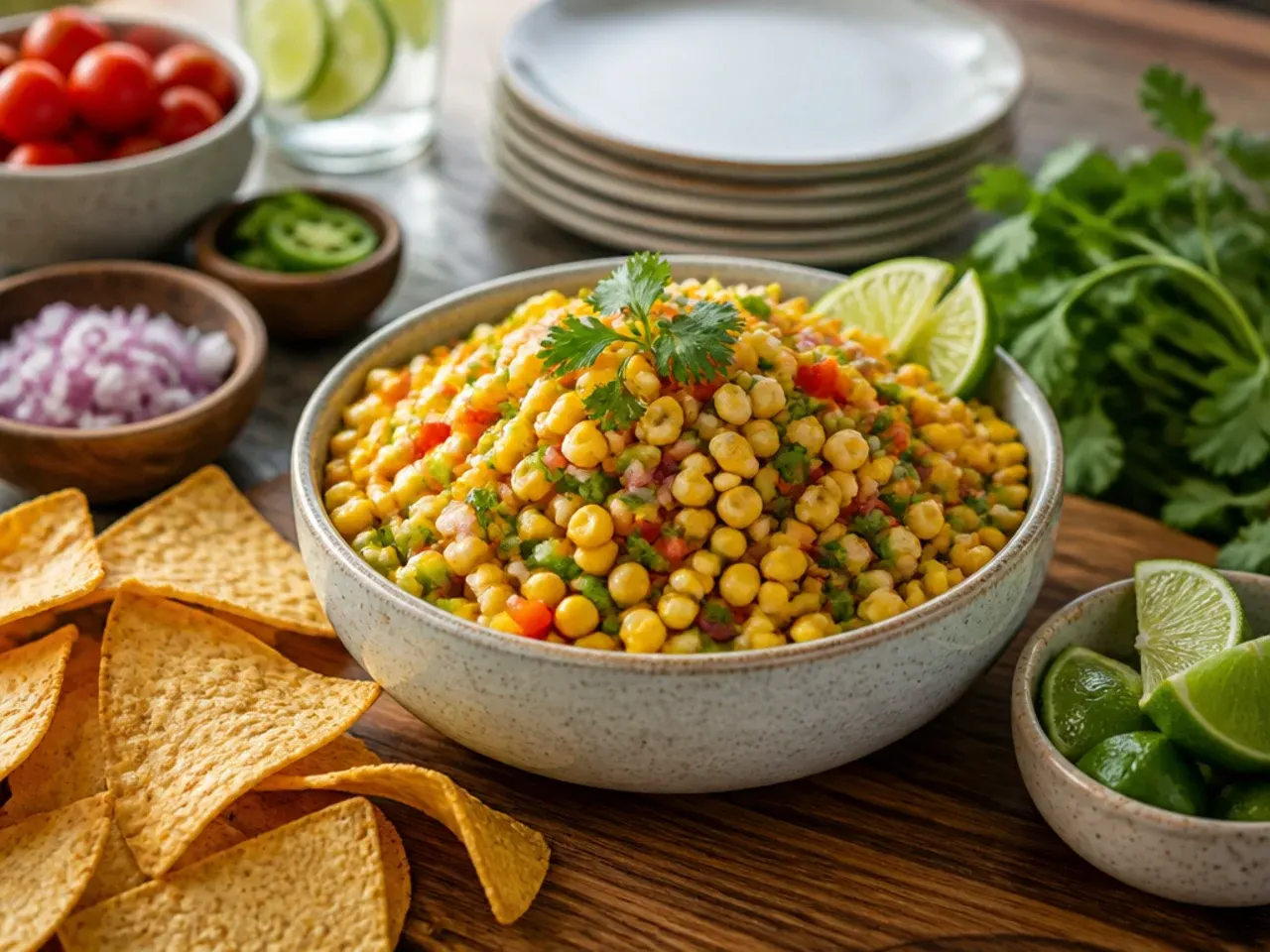 Corn salsa served alongside grilled chicken and a burrito bowl.