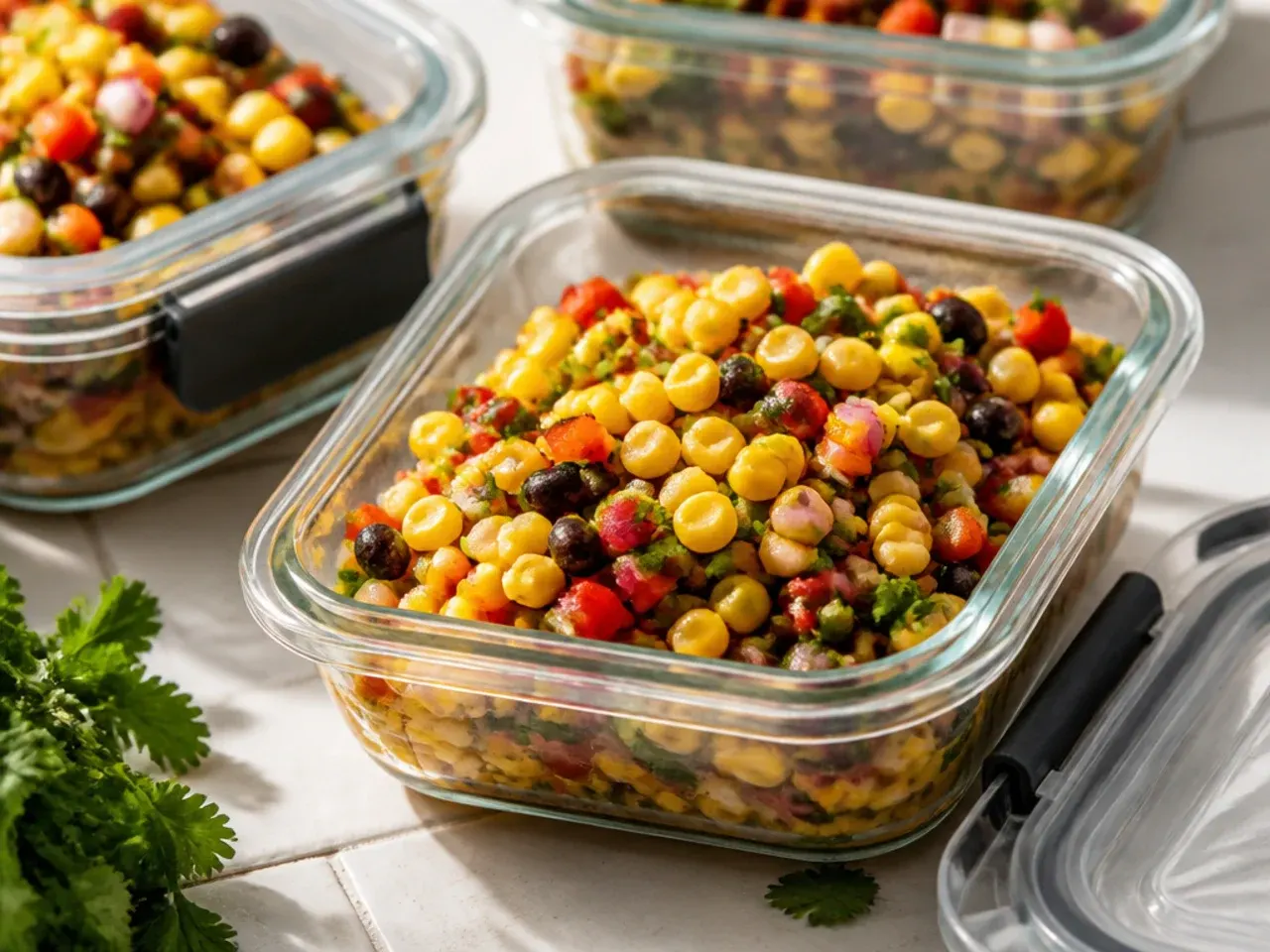 Airtight container of leftover corn salsa in the fridge.