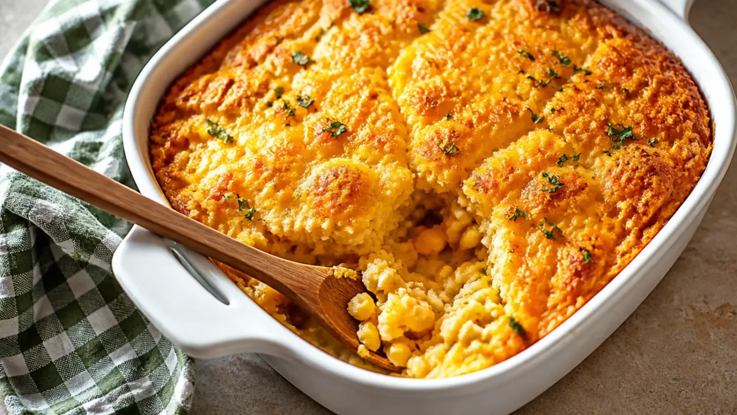 A golden Jiffy cornbread casserole in a white baking dish, cut into squares showing a moist, custardy centre studded with corn kernels
