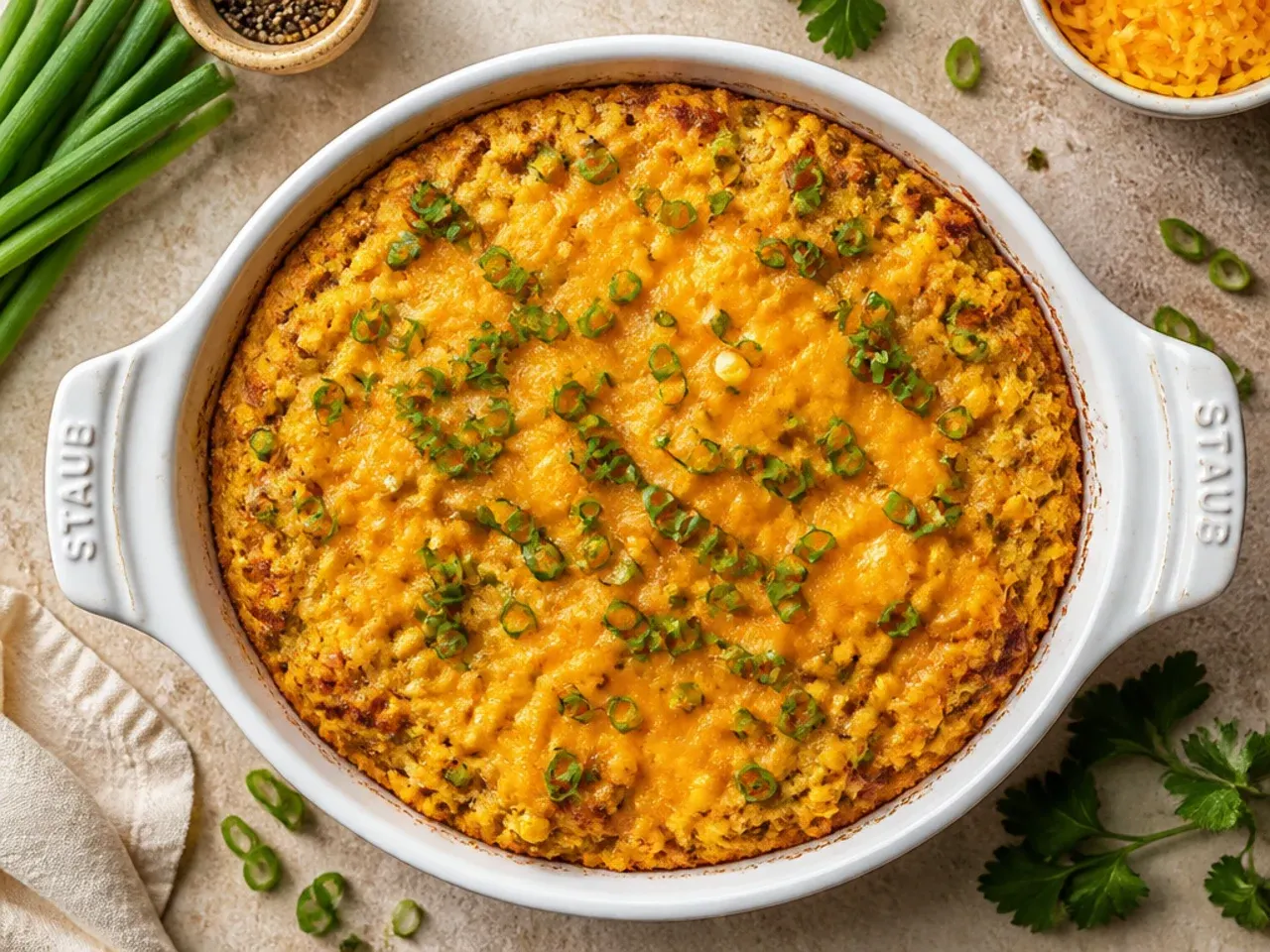Classic Jiffy cornbread casserole fresh out of the oven with a golden cracked top