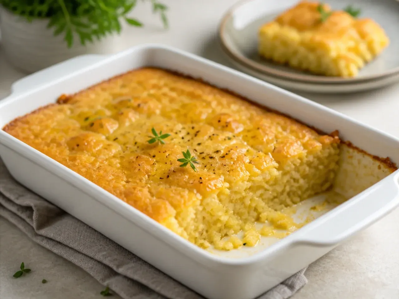 Hands stirring corn casserole batter directly in a baking dish