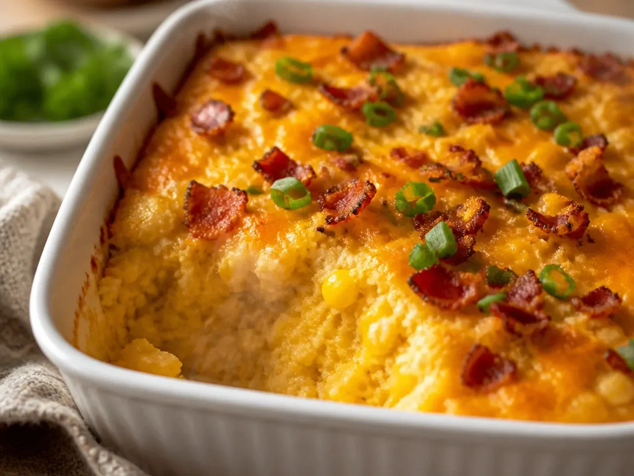 Corn casserole with visible crispy bacon bits and melted cheddar on top