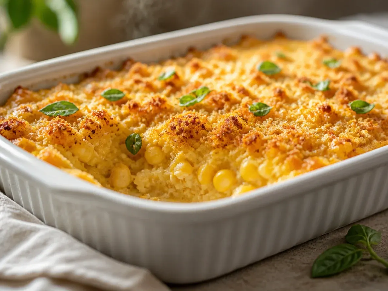 Close-up spoon lifting a creamy, custardy scoop of corn casserole