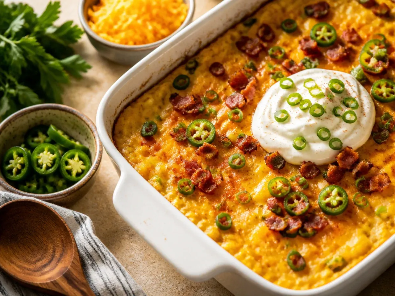 Cornbread casserole topped with sliced jalapeños and melted pepper jack cheese