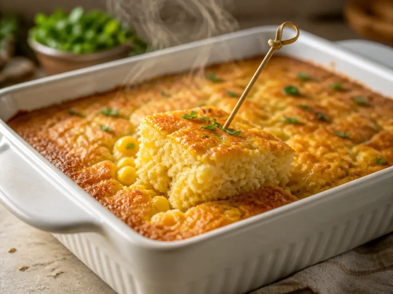 Corn casserole being brushed with golden honey butter glaze