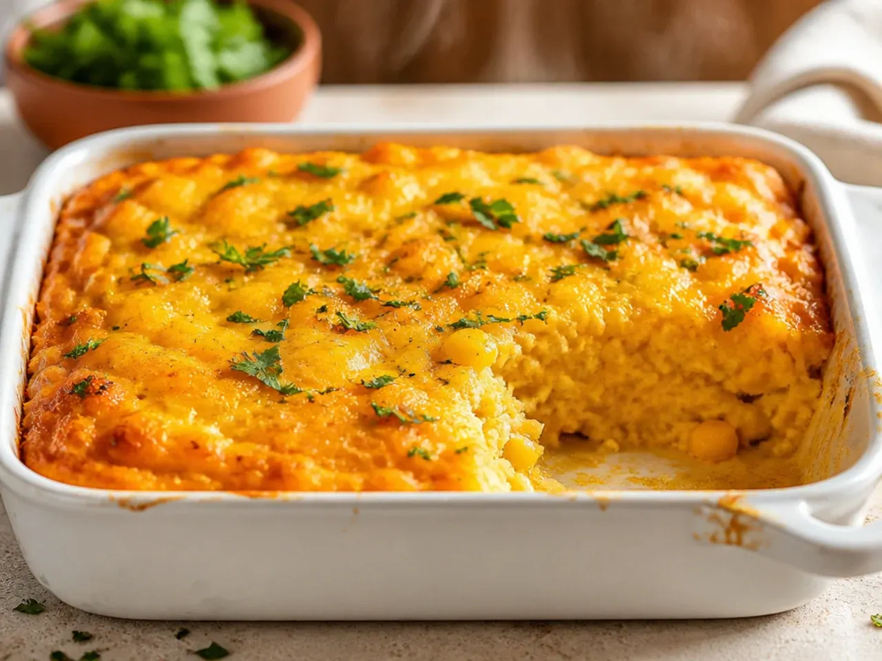 Bubbling cheesy crust on top of a corn casserole fresh from the oven