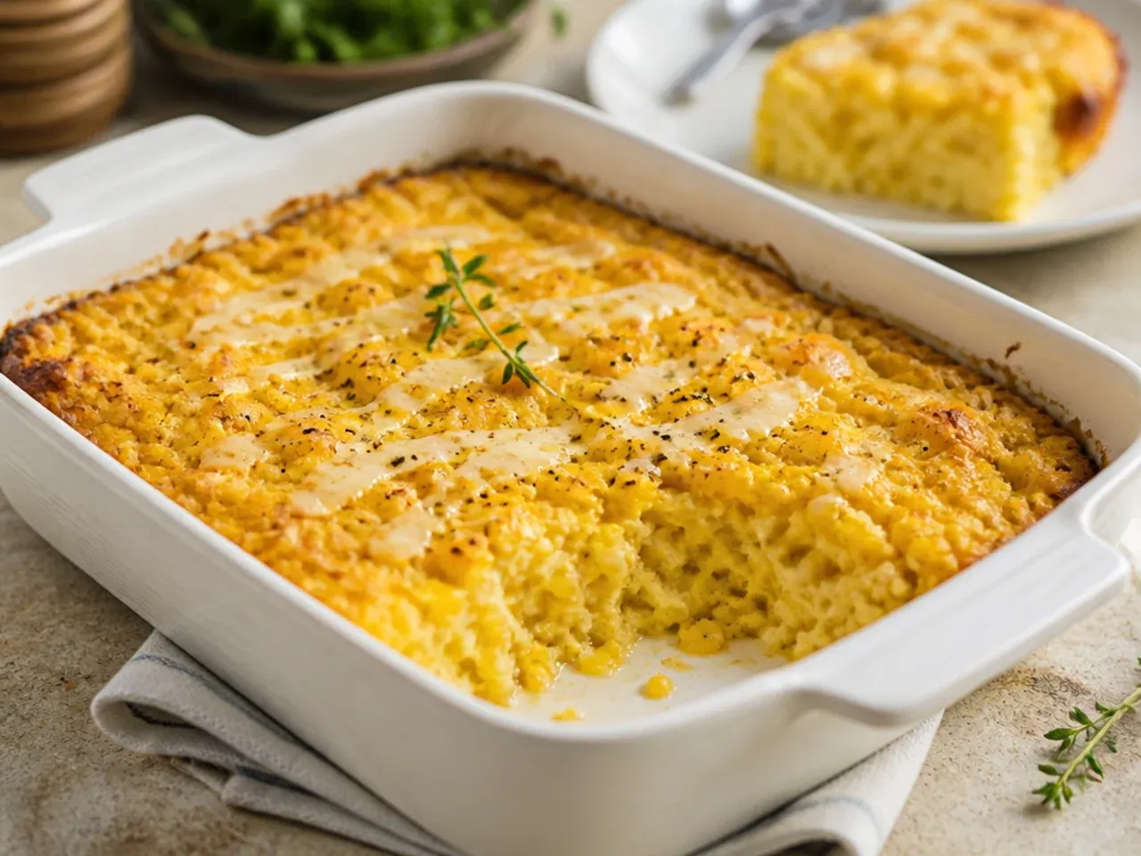 Large tray of party-size corn casserole cut into squares for a buffet