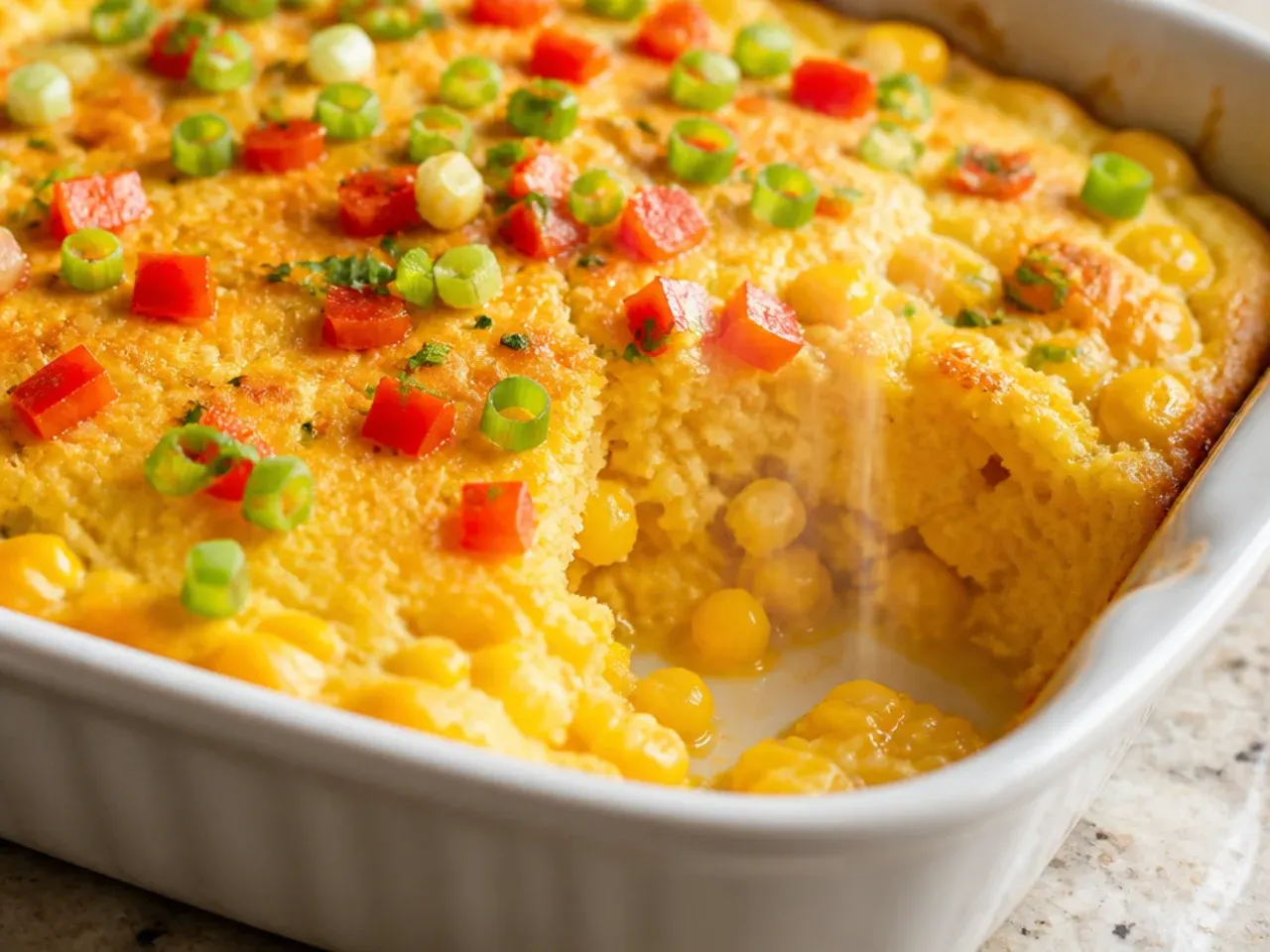 Unbaked corn casserole batter in a dish covered with cling film in the fridge