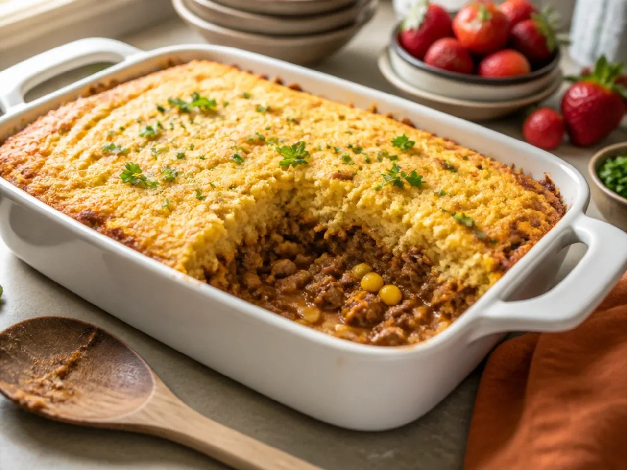 Layered casserole dish with seasoned ground beef under a corn cornbread topping