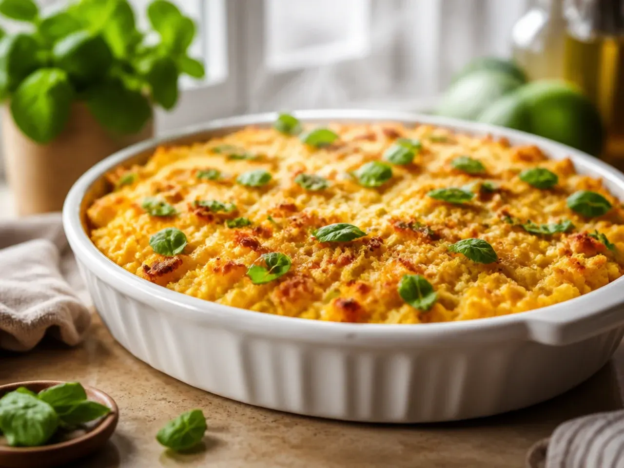 Herbed corn casserole served alongside a Thanksgiving turkey dinner