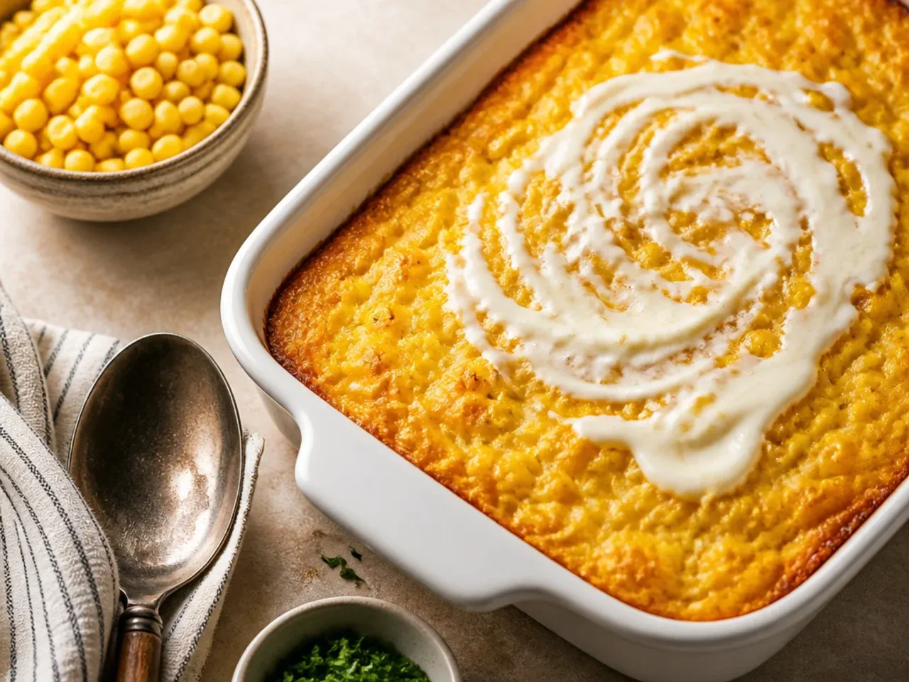 Quick corn casserole batter being mixed with a stick blender