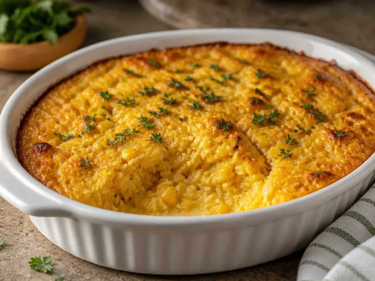 Corn casserole baked in a cast-iron skillet with a crisp golden edge