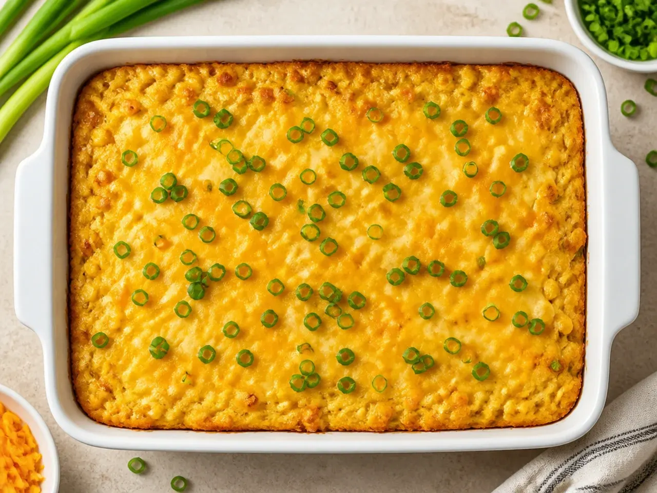 Shallow sheet pan of corn casserole with extra crisp golden edges