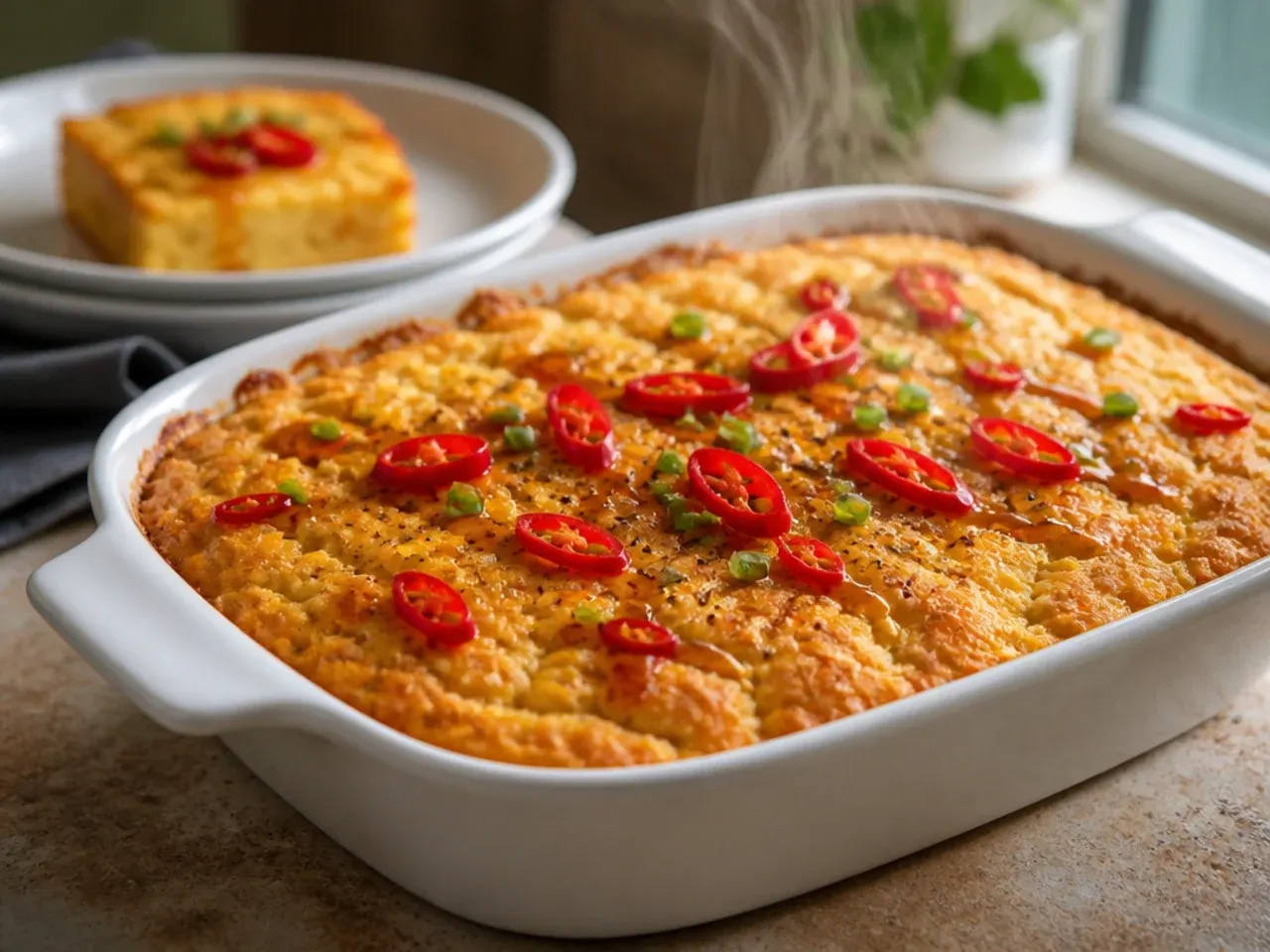 Bowl of chilli served over a warm slice of corn casserole