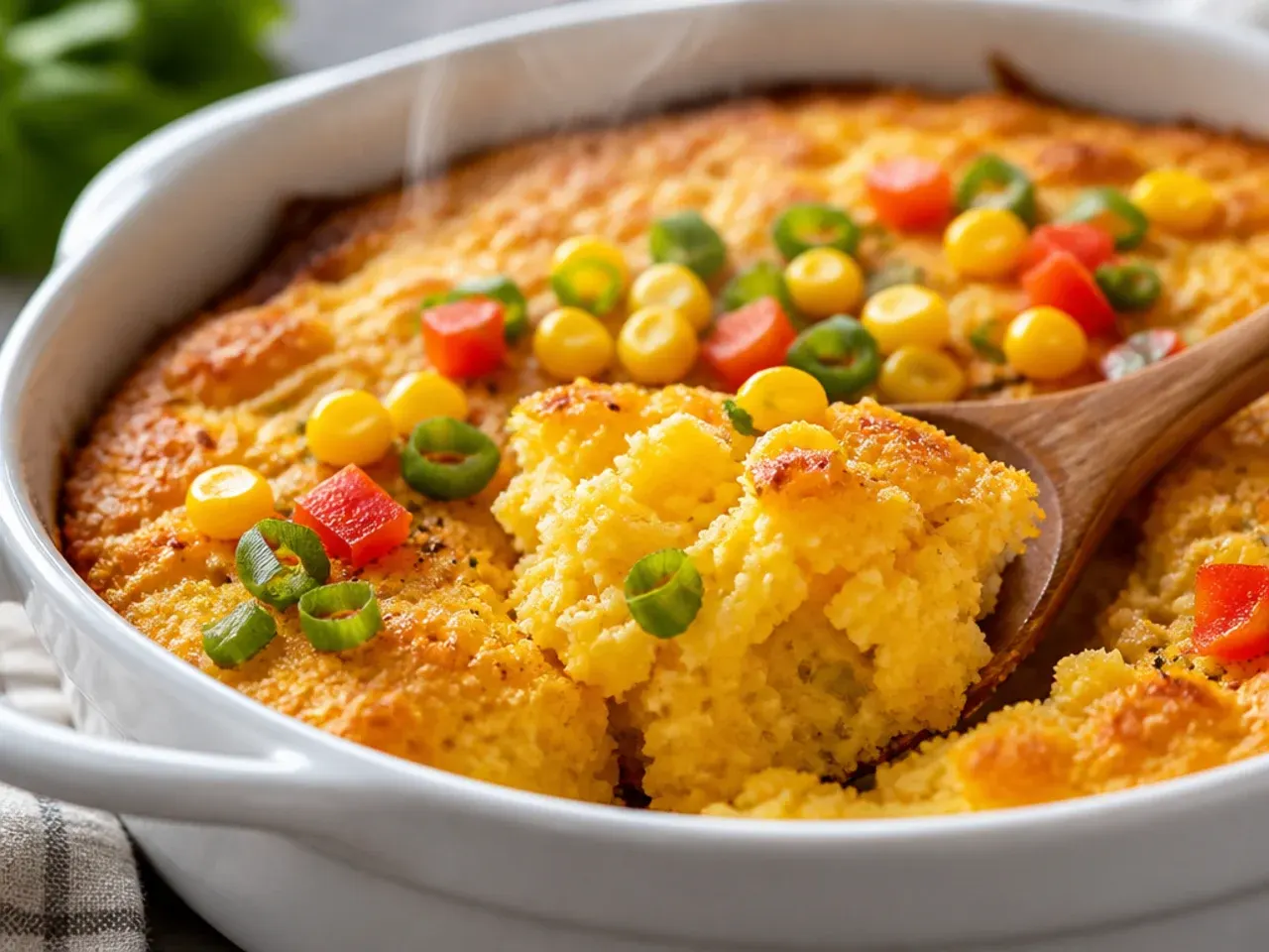 Vegetarian corn casserole with diced red pepper and courgette folded through