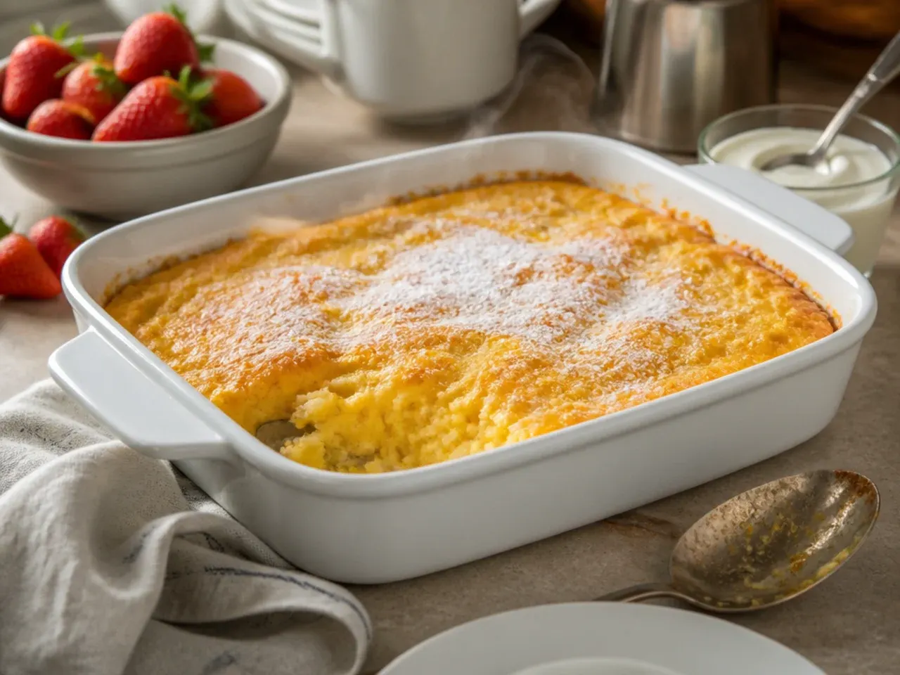 Rich, dense slice of cream cheese corn casserole on a plate