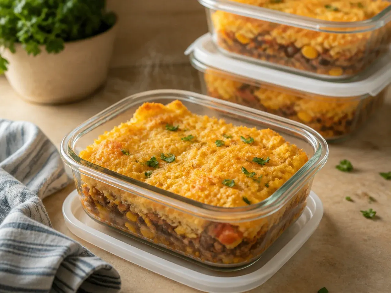 Leftover corn casserole squares stored in an airtight container