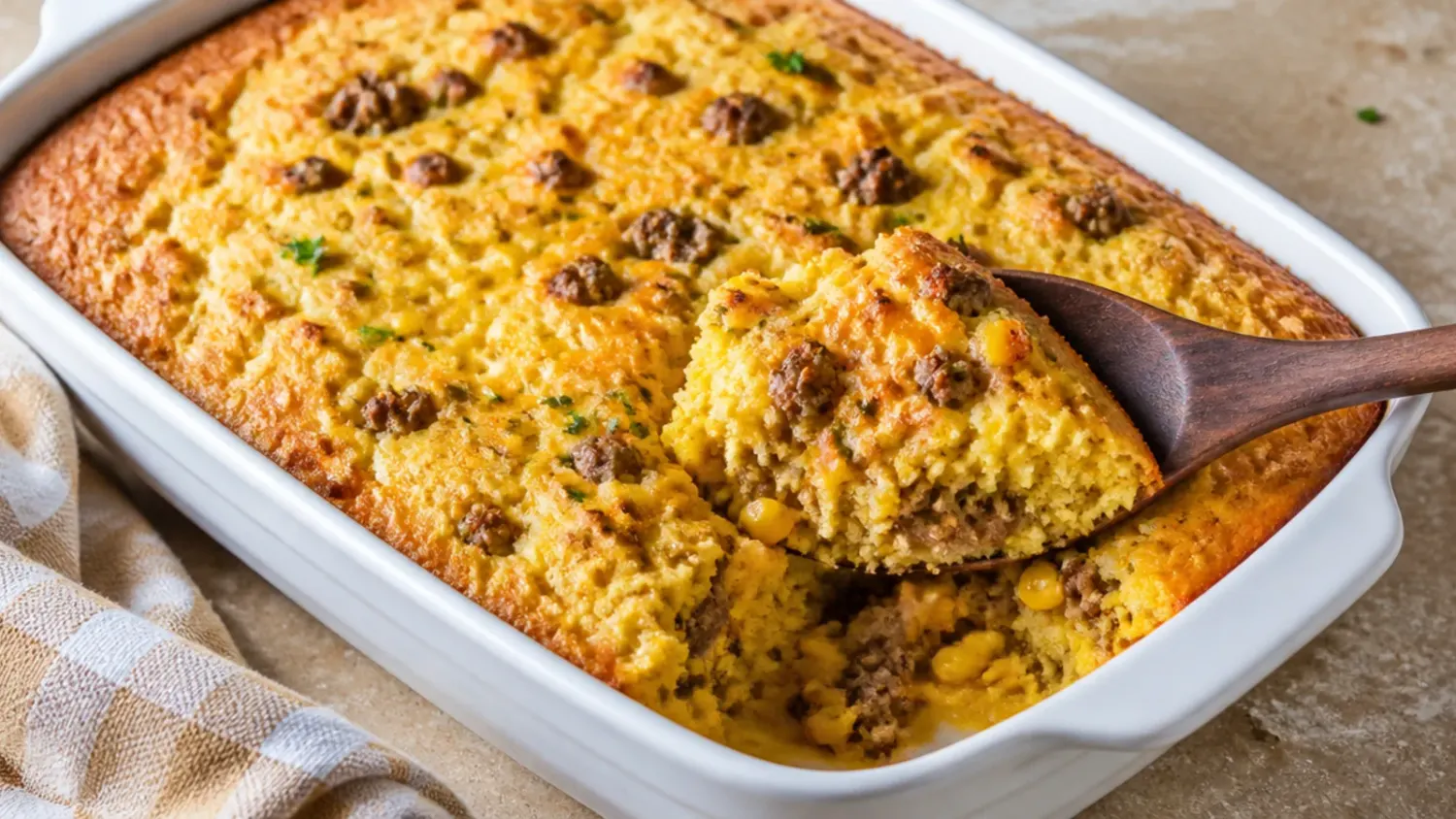 A golden baked cornbread casserole in a ceramic dish, fresh from the oven with a slightly cracked, cheese-flecked top