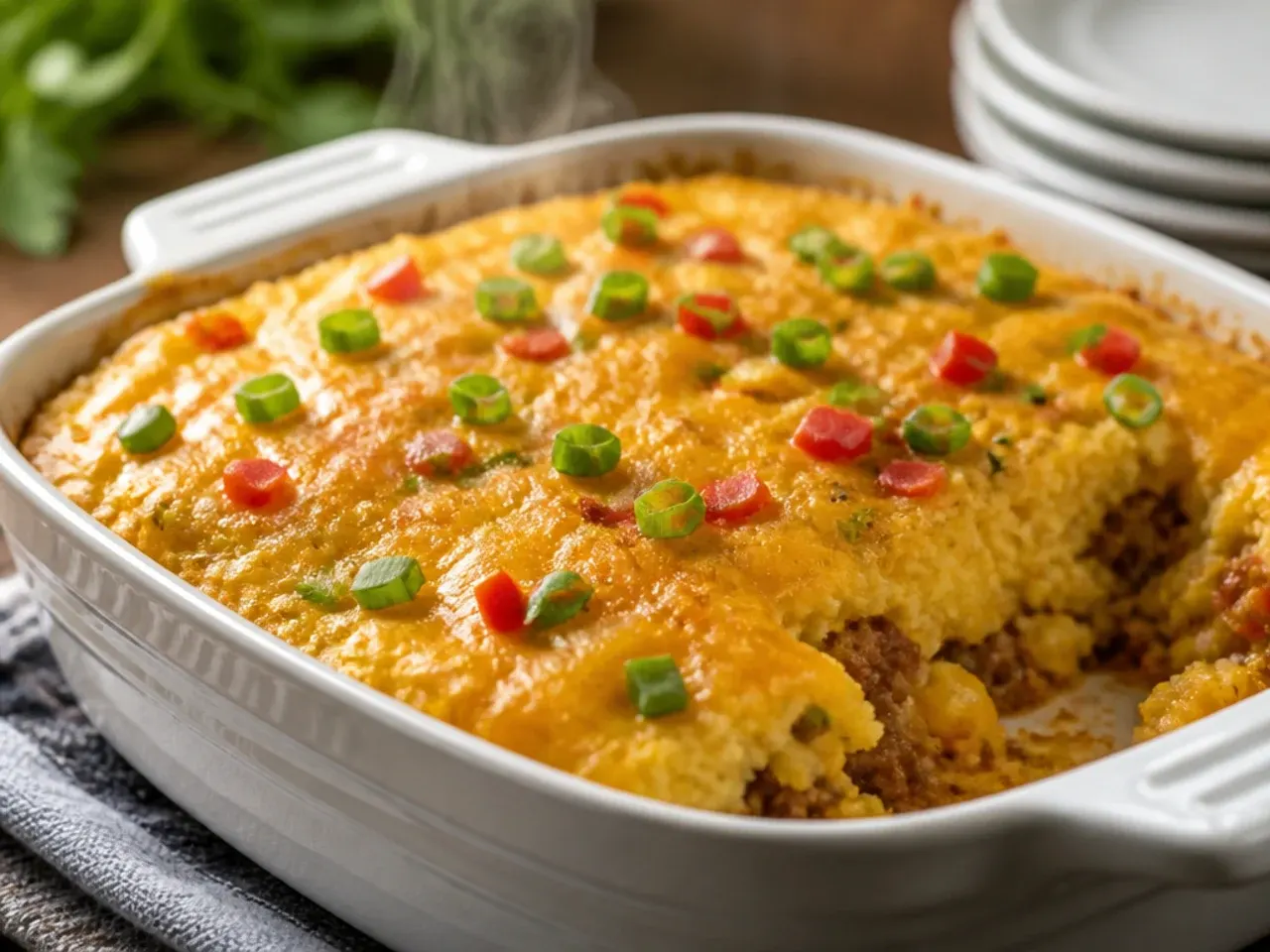 Overhead view of a full cornbread casserole dish with a golden top and a serving spoon resting in it