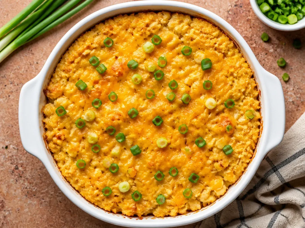 Classic cornbread casserole with a golden top in a square baking dish
