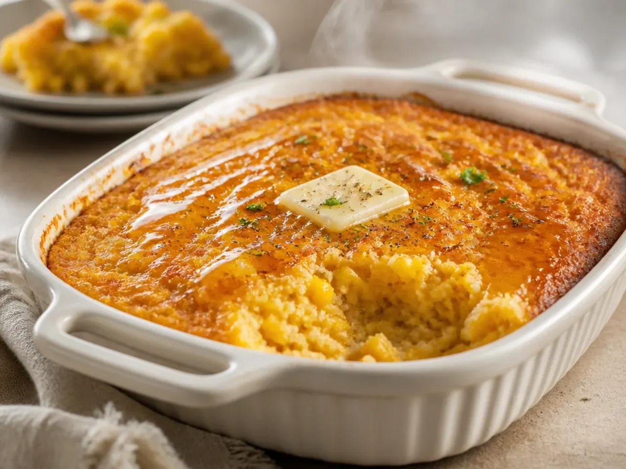 Simple five-ingredient cornbread casserole batter being whisked in one bowl