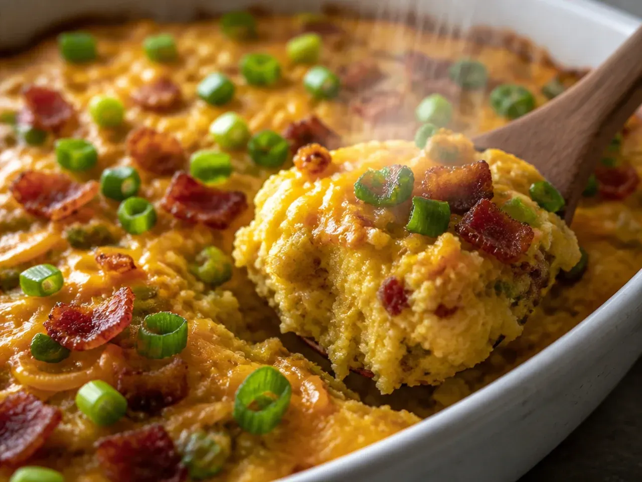 Cornbread casserole topped with crumbled crispy bacon