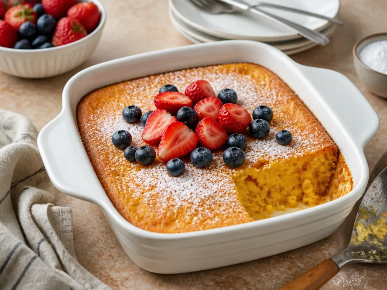 From-scratch cornmeal batter being mixed in a bowl for cornbread casserole