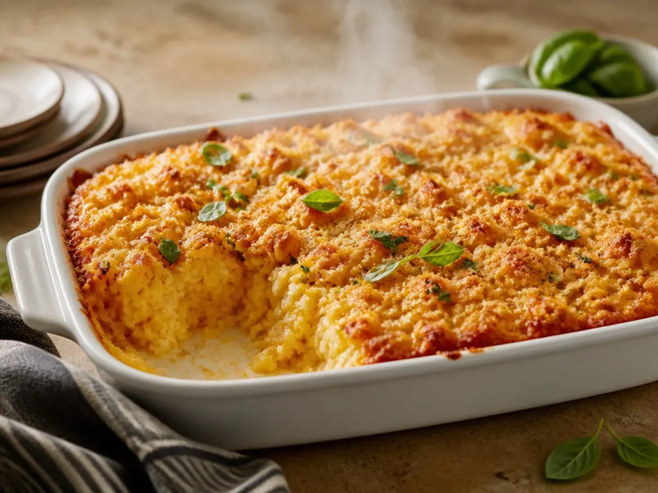 Close-up of a soft, creamy cornbread casserole crumb on a serving spoon