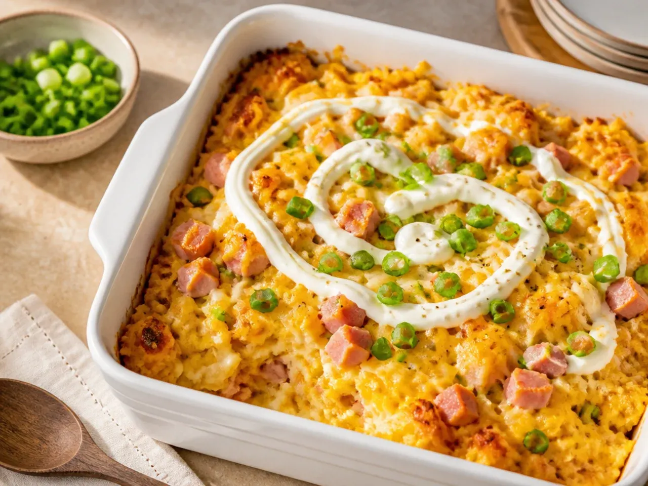 Loaded cornbread casserole with visible diced ham and melted cheese on top