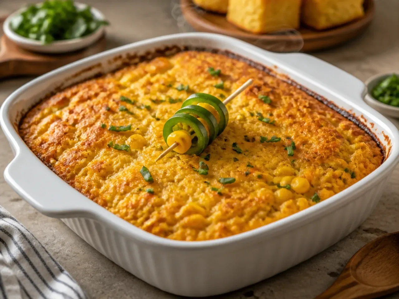 Best-ever double corn cornbread casserole with visible whole corn kernels throughout