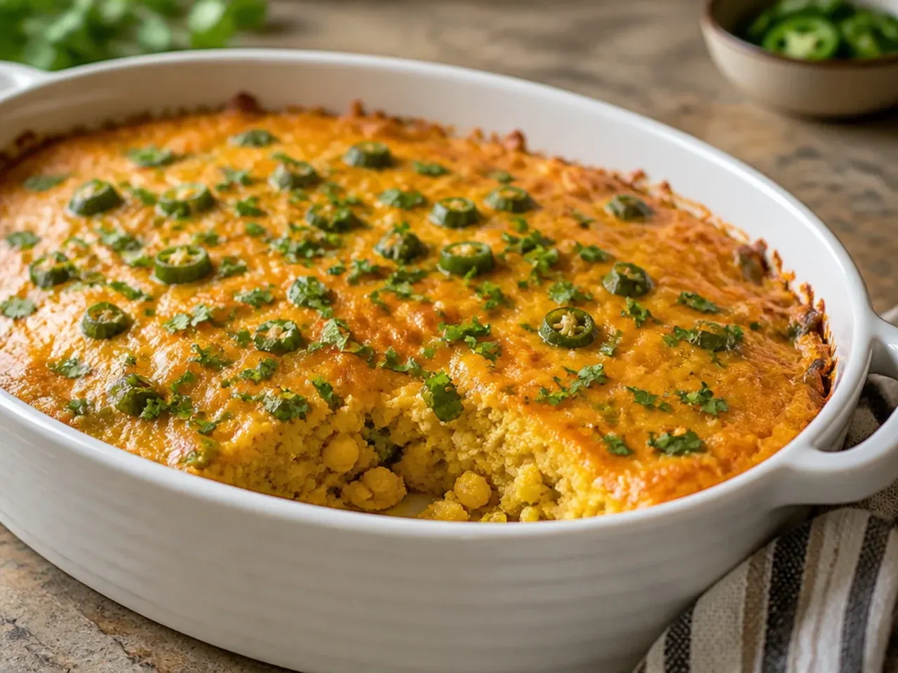 Cheesy jalapeño cornbread casserole with visible pepper slices and melted cheese