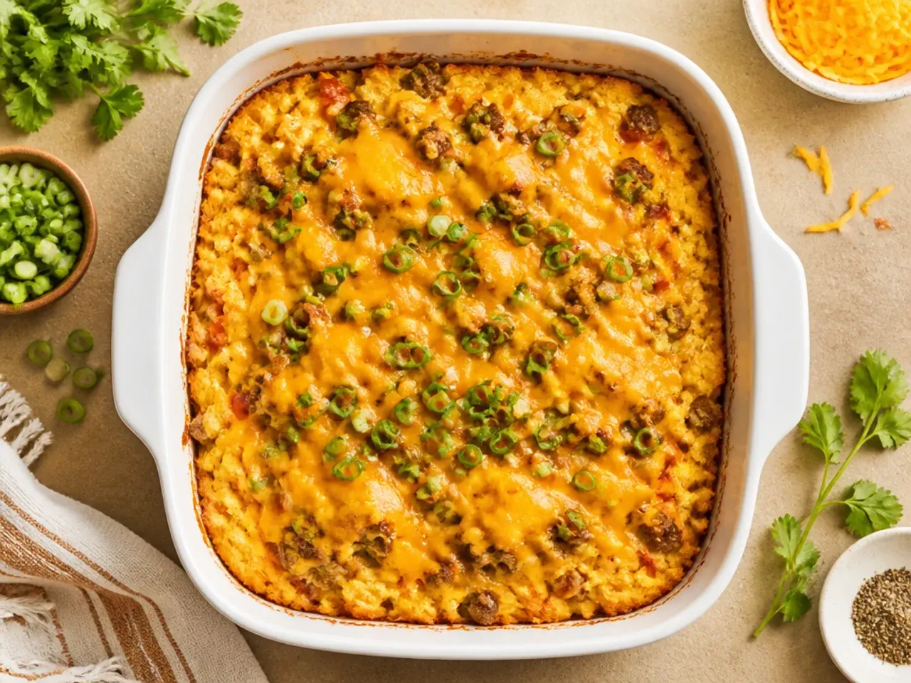 Budget cornbread casserole made with simple pantry staples in a baking dish