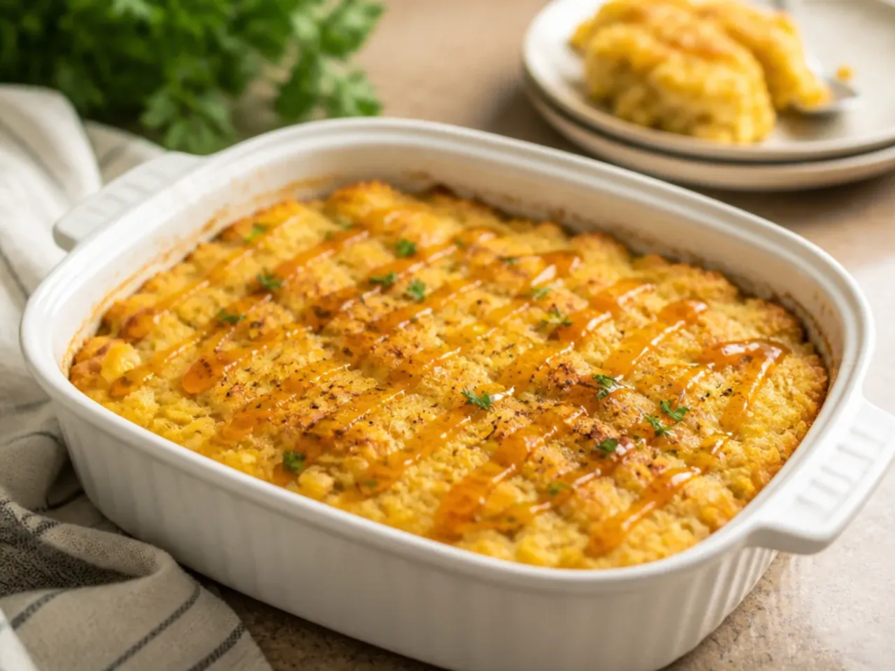 Large family-size cornbread casserole in a big baking dish ready to serve a crowd