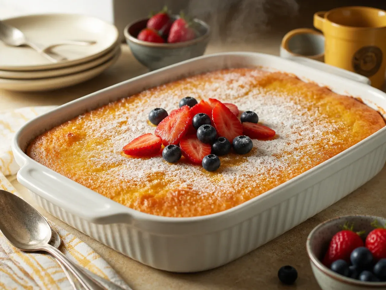 Mild family-friendly cornbread casserole with a soft golden top
