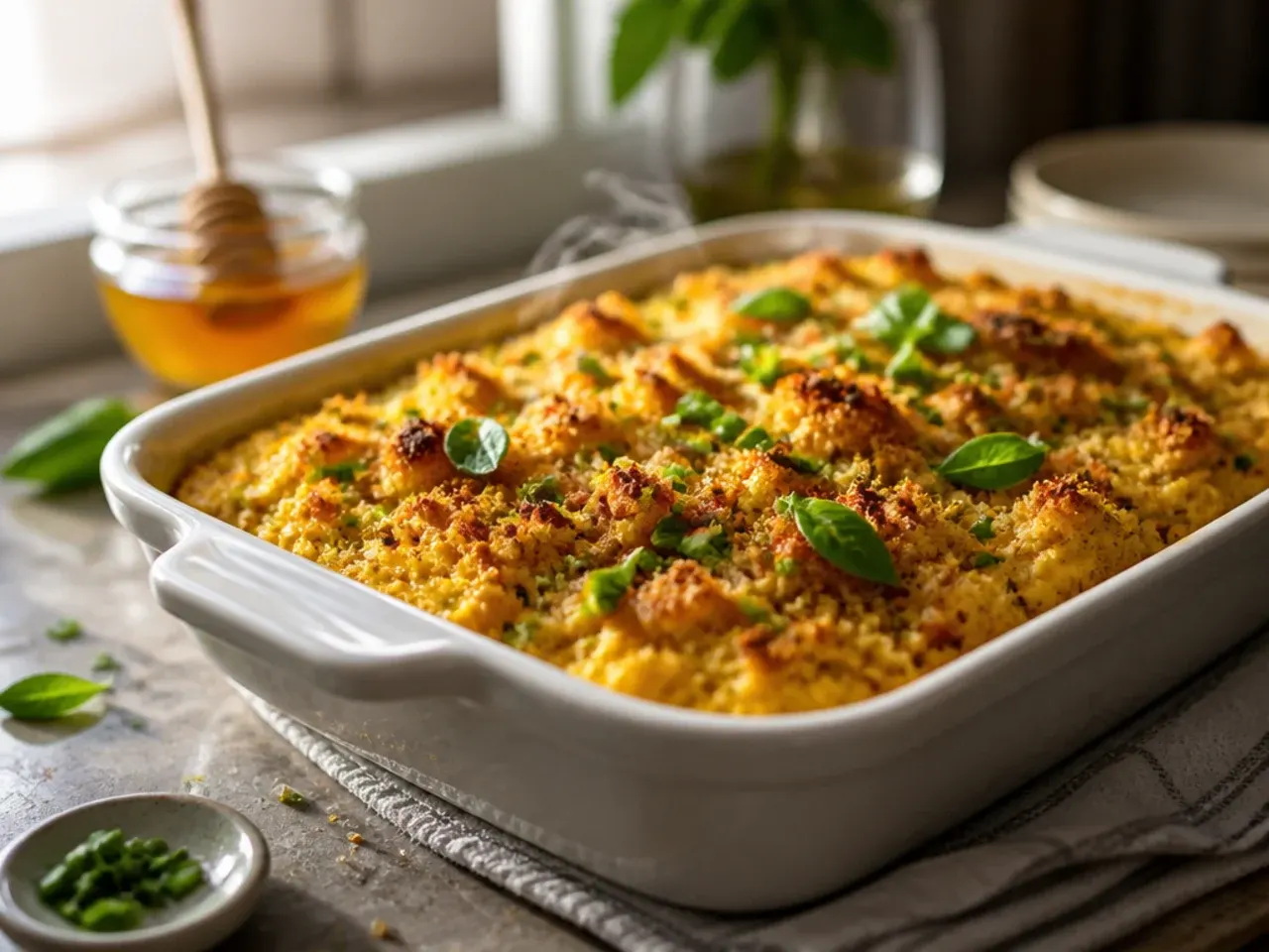 Festive cornbread casserole with a glossy honey-brushed top and chopped chives