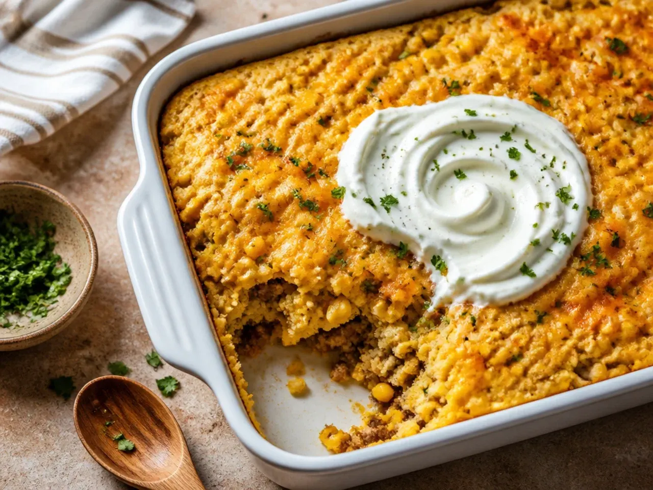 Quick cornbread casserole baked in a shallow dish, ready in under 30 minutes