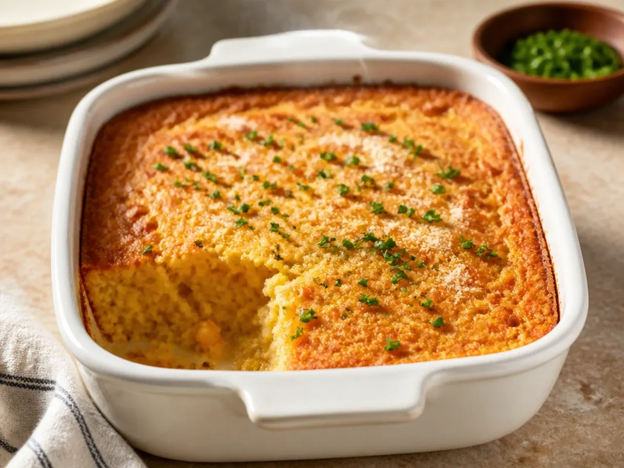 Soft spoon-bread style cornbread casserole served warm with a spoon