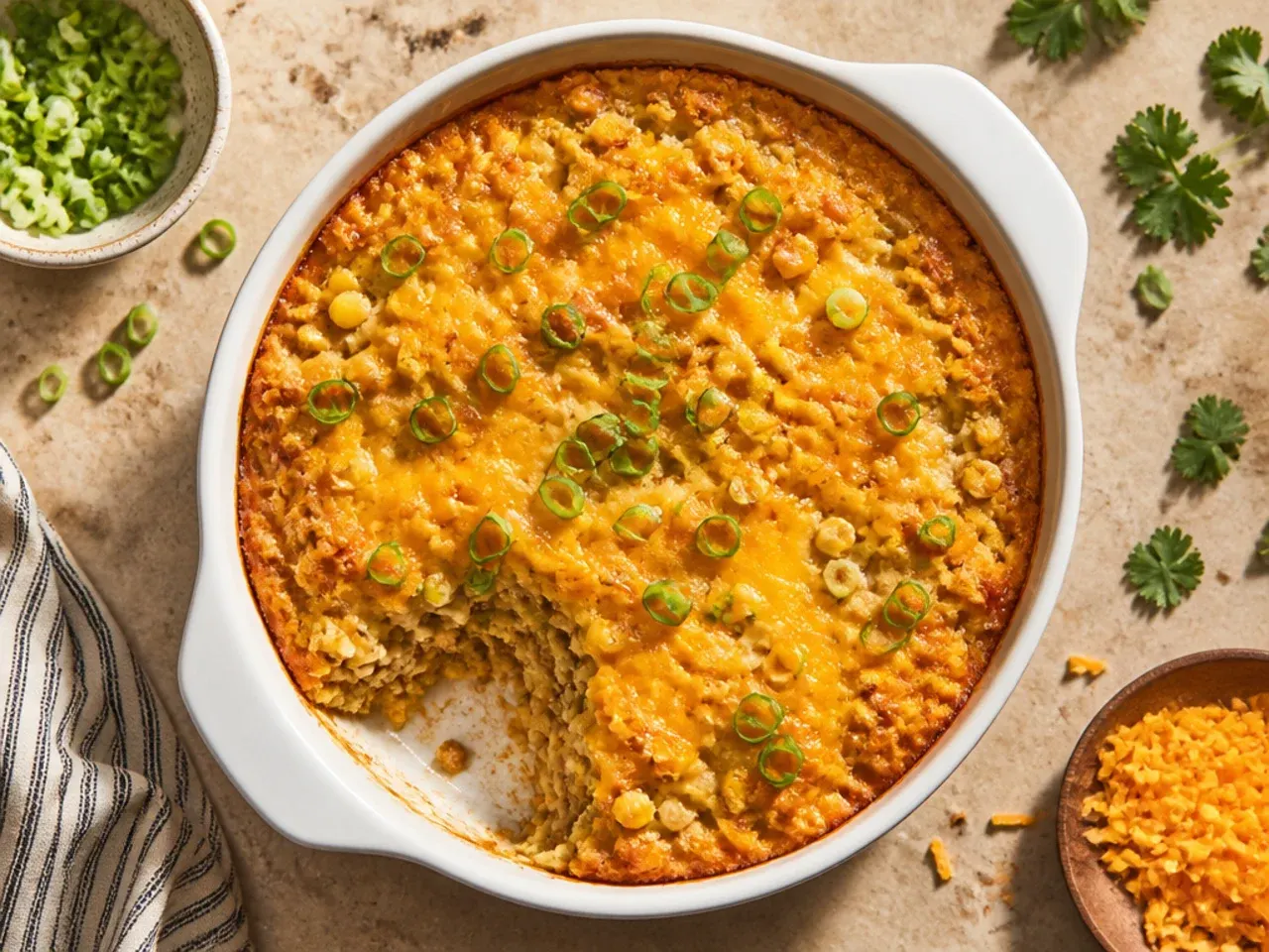 Cast iron skillet cornbread casserole with crisp golden edges