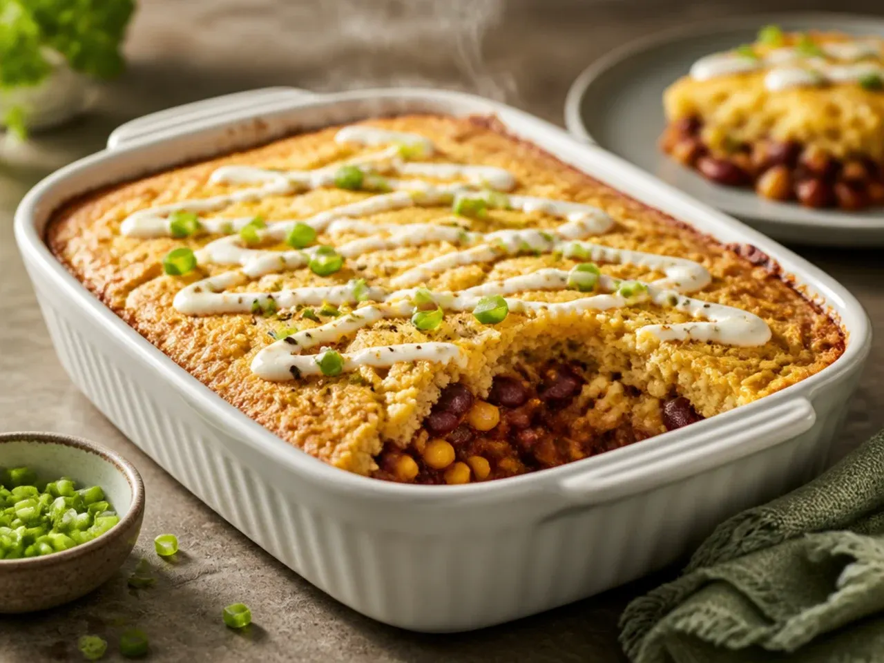 Cozy chilli-spiced cornbread casserole with visible green chillies