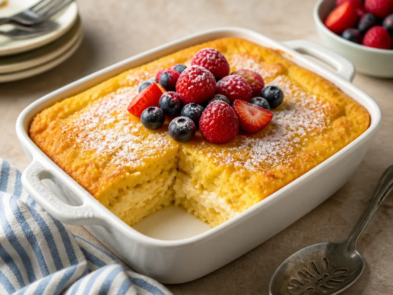 Rich cream cheese cornbread casserole with a dense, moist crumb