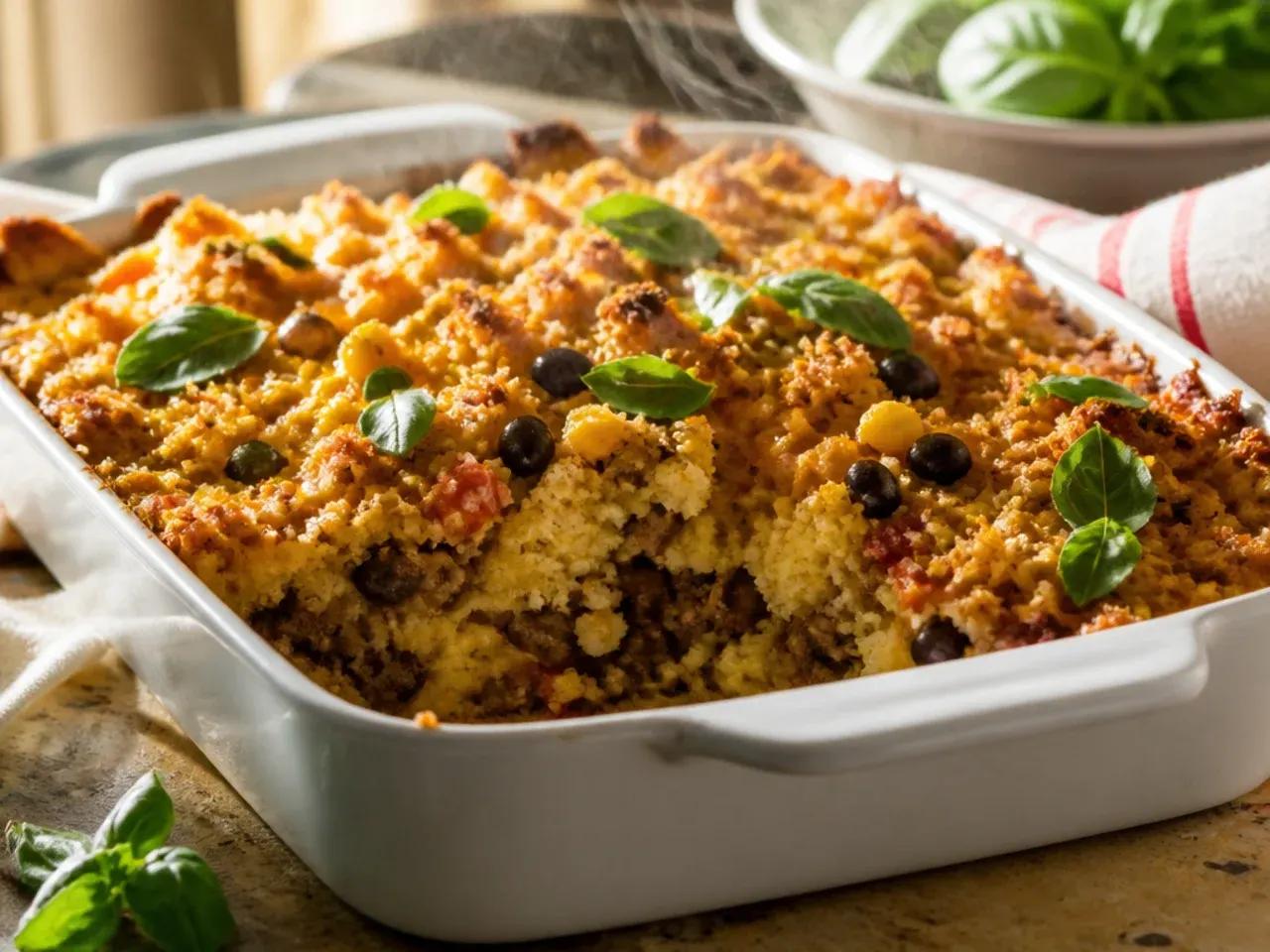 Loaded taco-style cornbread casserole topped with lettuce, tomato and soured cream
