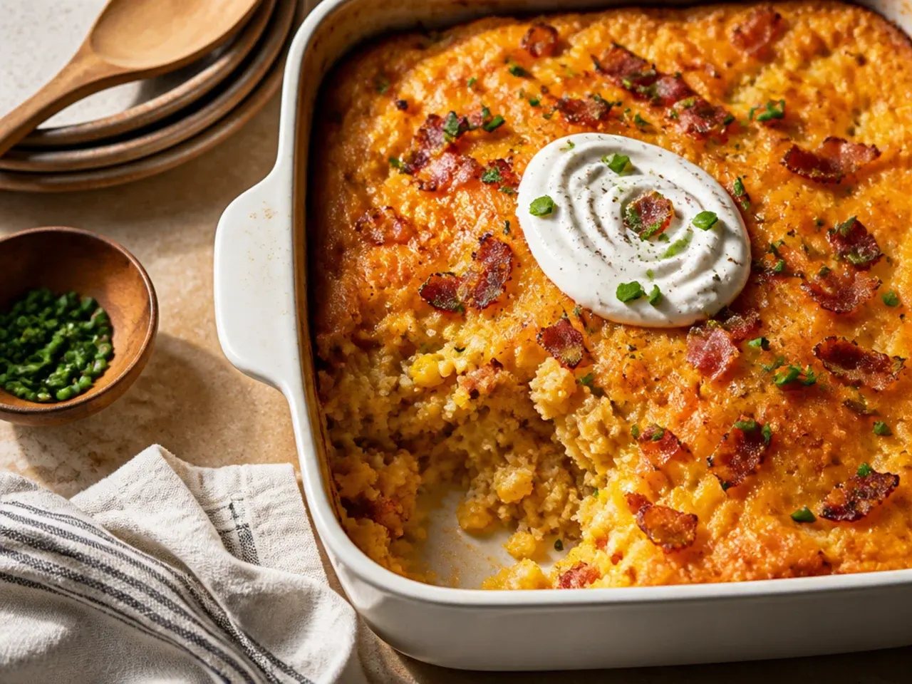 Best-ever smoky bacon-cheddar cornbread casserole with a rich golden top